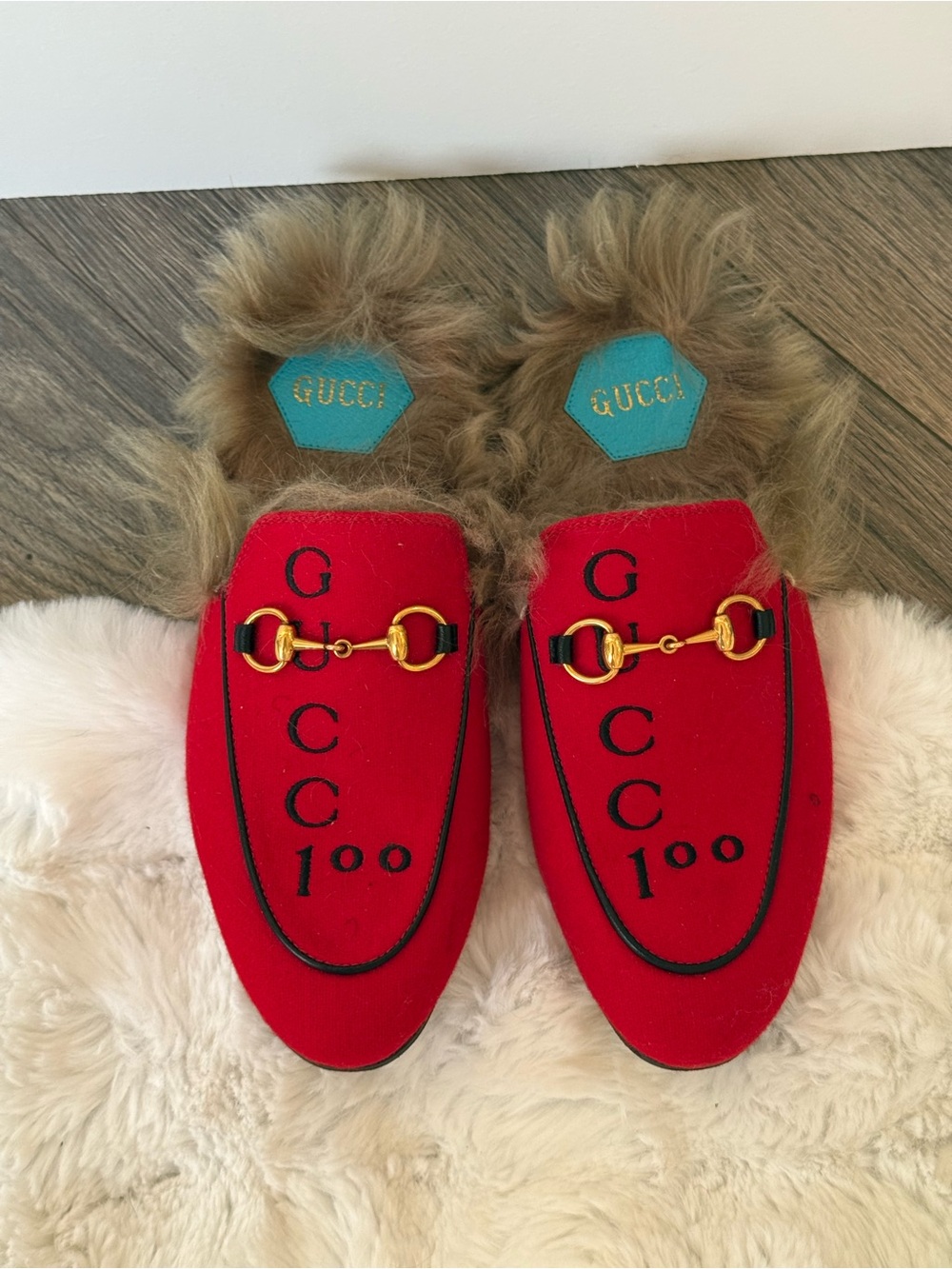 Gucci Red Velvet Horsebit Fur-Back Slip-On Mules with Turquoise Logo Patch